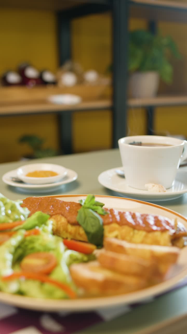 Steaming cup of coffee that blurs to reveal an omelet with salad and bread in a warm cafe atmosphere