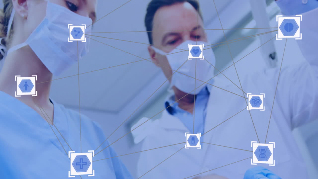 Animation of network of connections with icons over caucasian doctors in operating room
