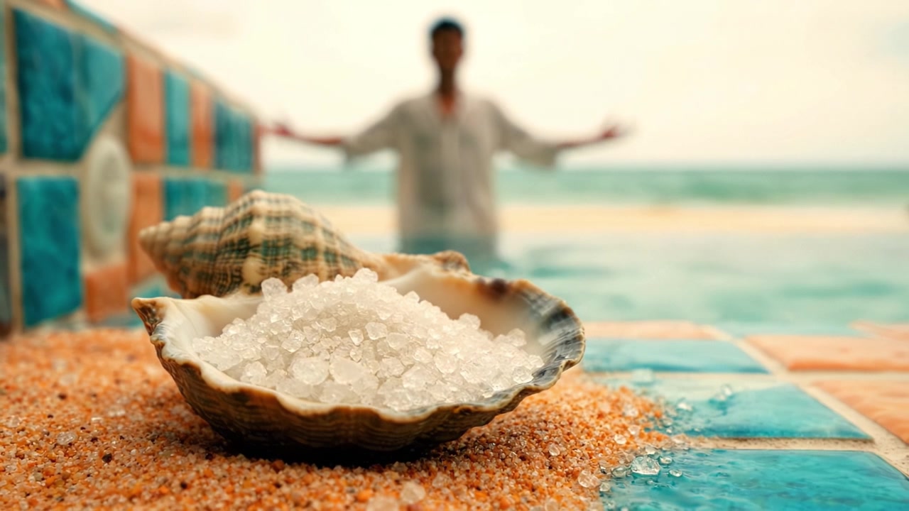 Tranquil Beach Scene Featuring Shells and Crystals by the Water, Evoking Relaxation and Serenity Amidst the Gentle Ocean Breeze and Soft Sands
