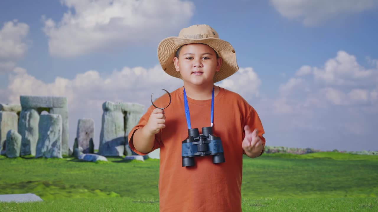 Asian Boy With A Hat And Binoculars Using The Magnifying Glass Then Showing Peace Gesture While Traveling In Stonehenge. Boy Researcher Examines Something, Travel Tourism Adventure Concept
