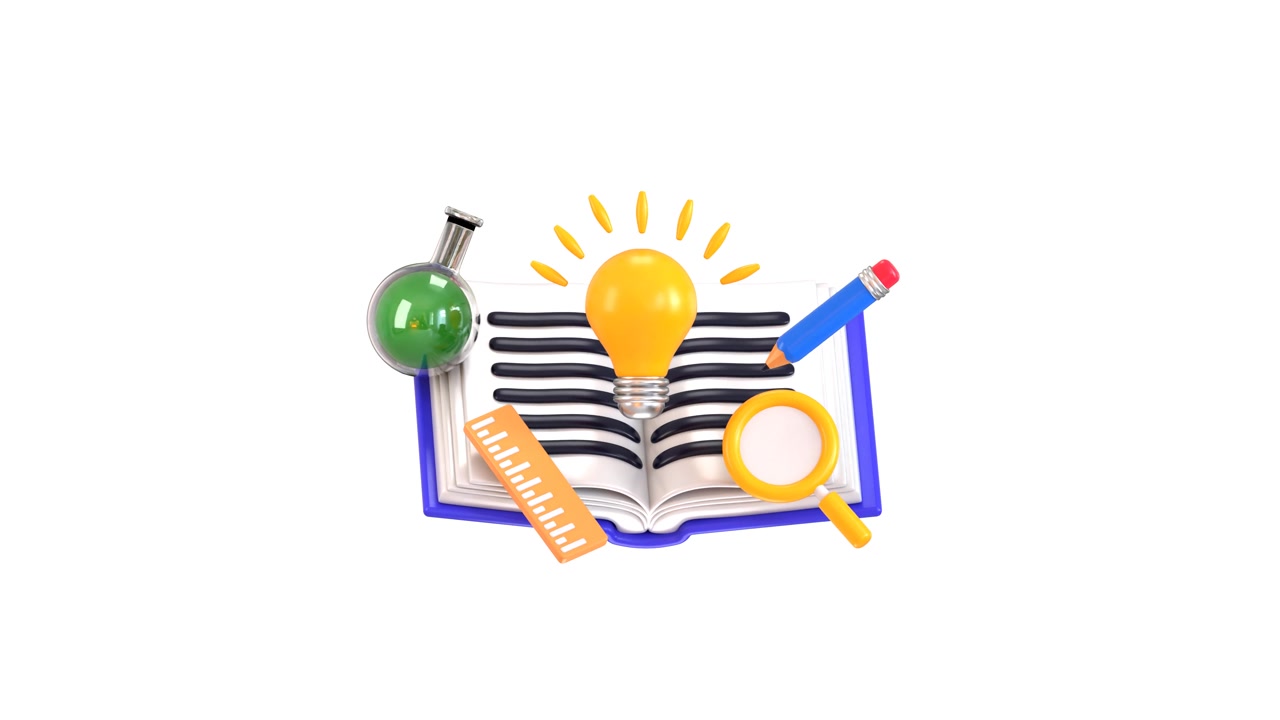 3D Animation of Open Book with Lightbulb and School Supplies