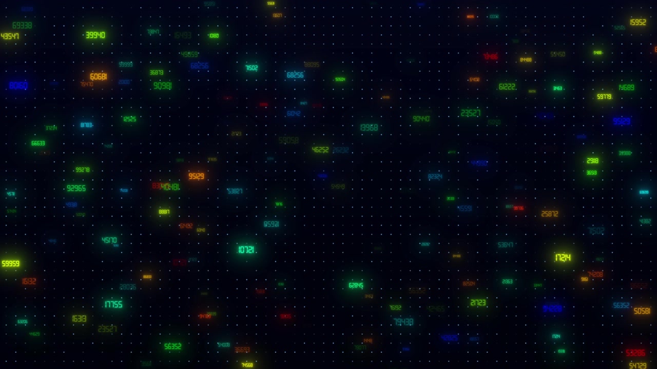 Digital Data Stream with Floating Colorful Numbers on Dark Background