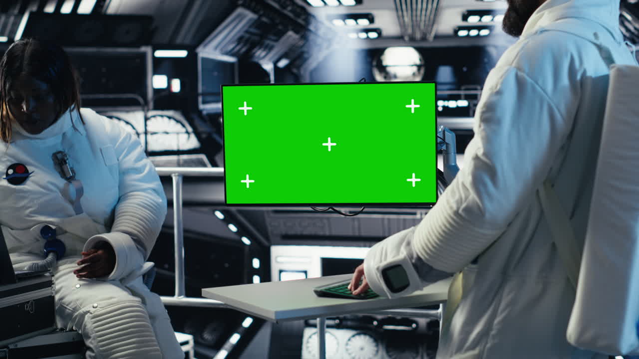 Astronauts in advanced technology spacecraft using green screen monitor