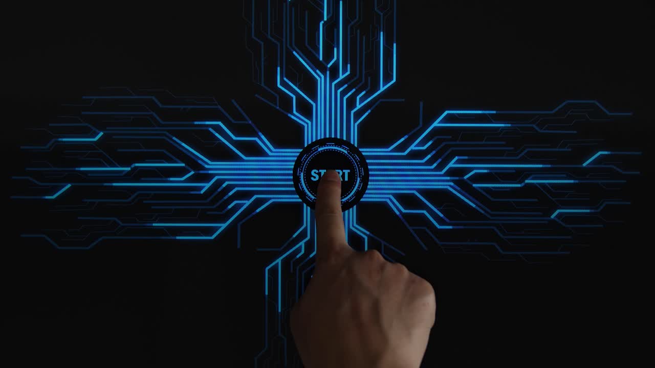 Top View, Human Finger Pushes Touch Digital Start Button With Futuristic Artificial Intelligence Spreading Through Internet. Visualization Of Machine Learning, Computer Technology, Neural Network
