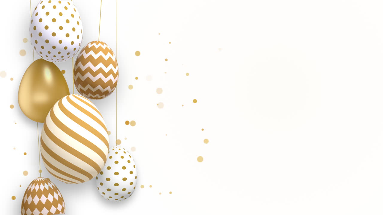 Golden Easter eggs spin on thin threads. Shiny gold particles on a white background. Looped Christian holiday animation with blank space for text.