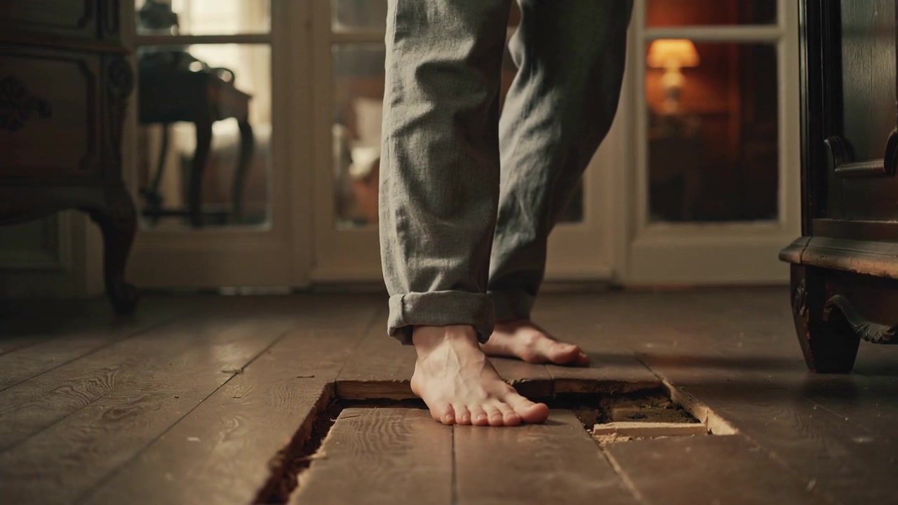 Stepping barefoot man testing damaged floor after noticing removed plank at home, rolled gray pants