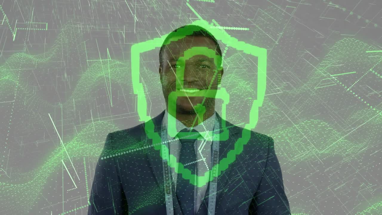 Security professional lifting lanyard and positioning badge with green shield icon pulsing on torso