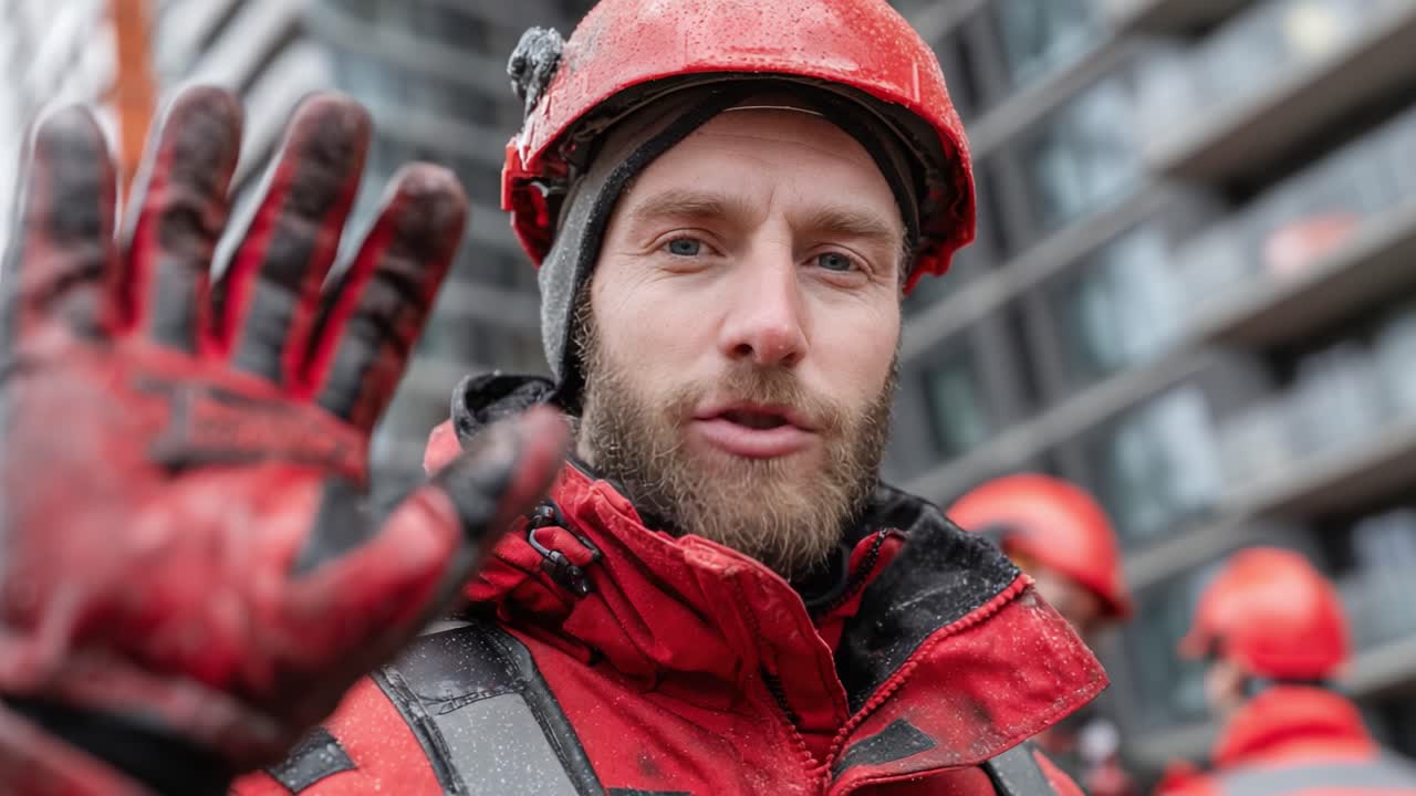 A Grateful Worker Waves Amidst Rainy Conditions, Showcasing Safety Gear and Professional Camaraderie in an Urban Construction Environment