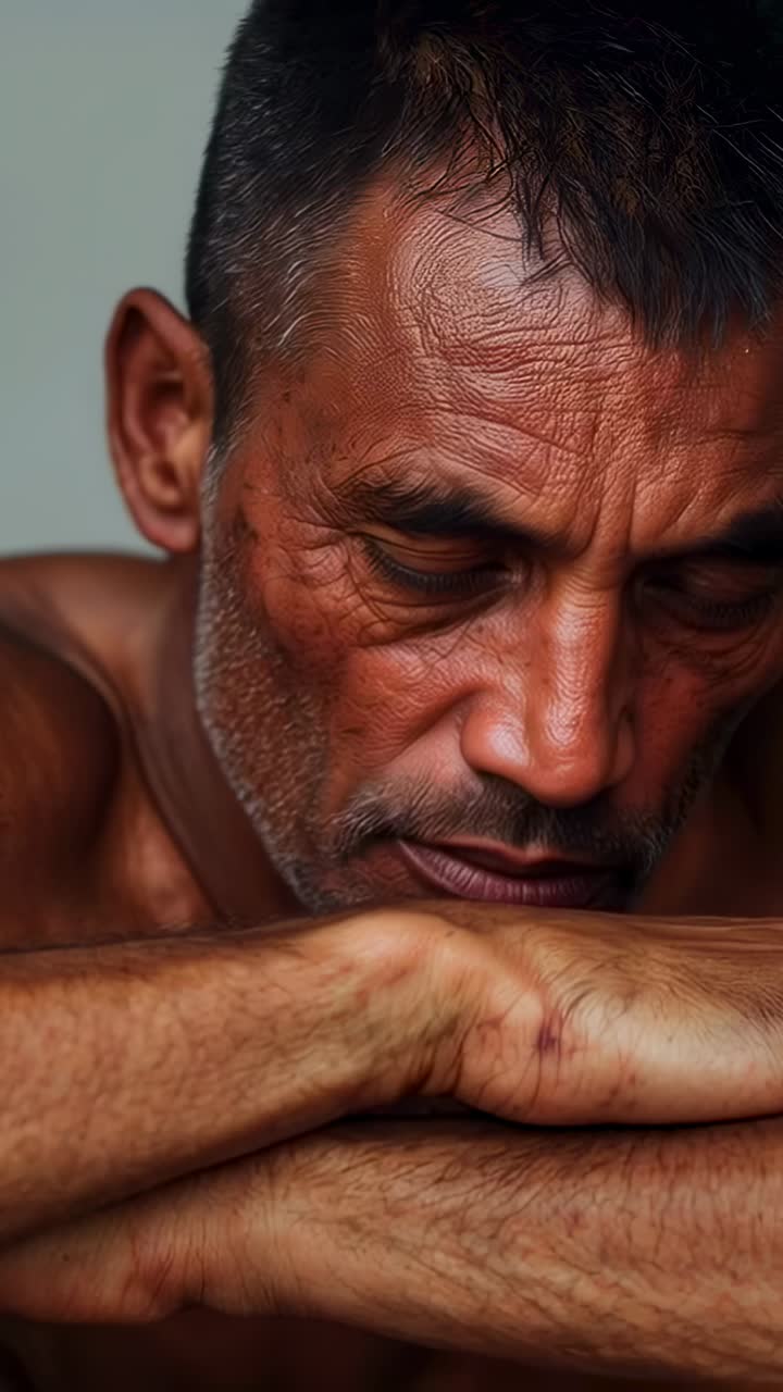 Vertical video: Rising head from folded arms, shirtless man focusing gaze in studio, becoming alert