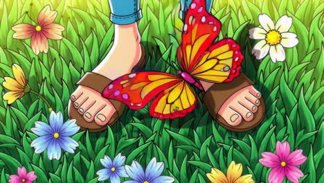 feet in sandals in a flowery field with a butterfly