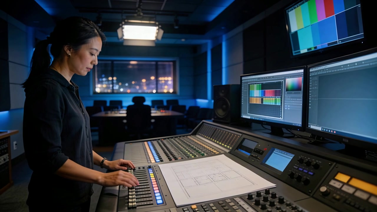 Mixing engineer in dark blouse checking monitors and moving faders while smoothing plans