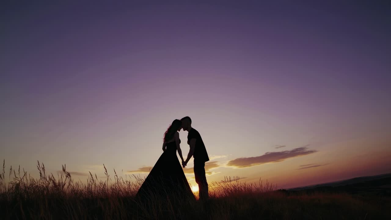 Silhouetted couple holding hands at sunset in a wide-angle shot