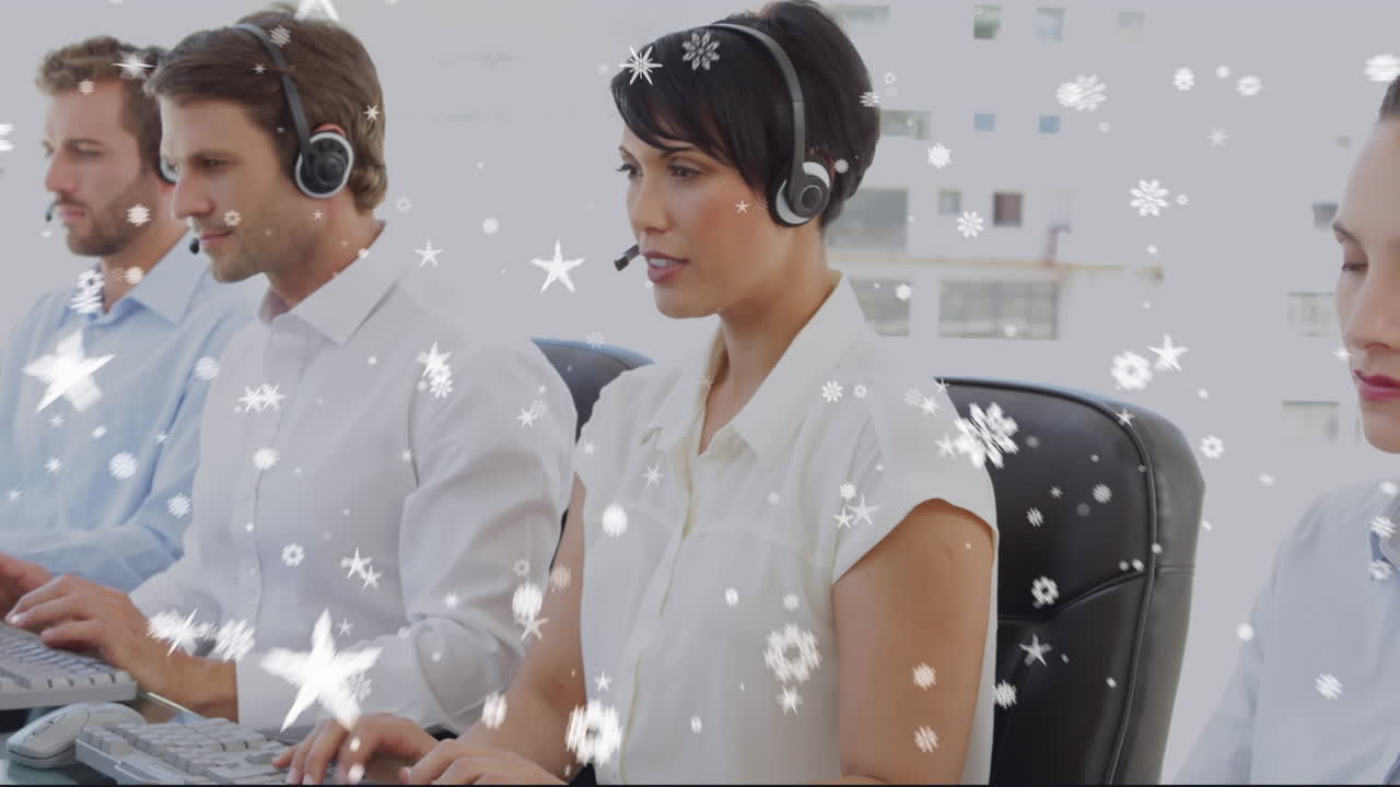 헤드폰 세트를 사용하는 다양한 그룹의 사람들 위에 내리는 눈의 애니메이션