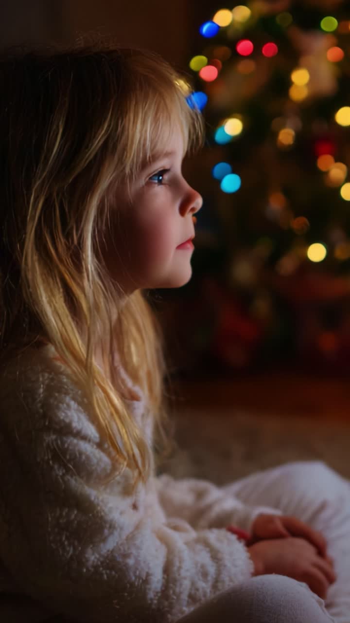 A Young Girl Contemplates with Wonder in Front of a Beautifully Decorated Christmas Tree, Capturing the Magic and Joyous Spirit of the Holiday Season with Soft Lights Illuminating Her Innocent Expression