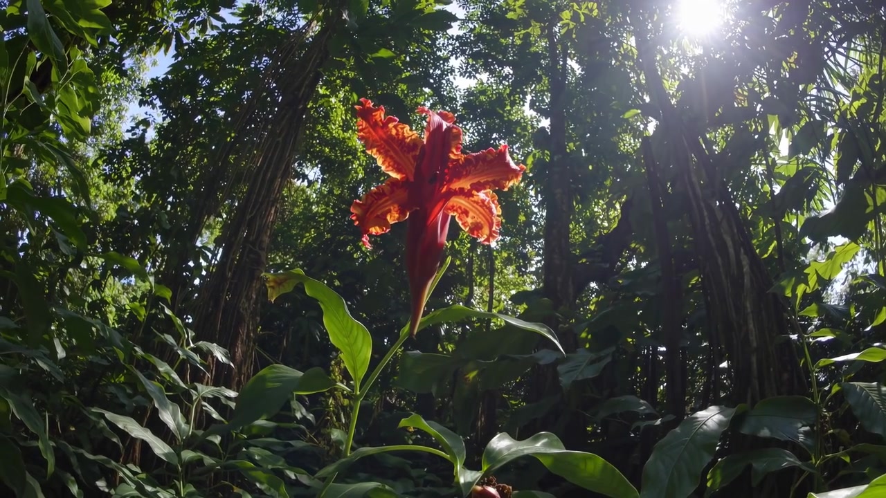 Vibrante giglio rosso in fiore in una lussureggiante foresta tropicale
