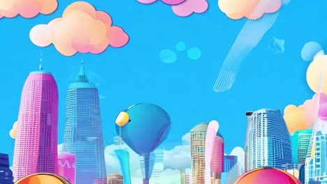 colorful futuristic cityscape with cars and hot air balloons