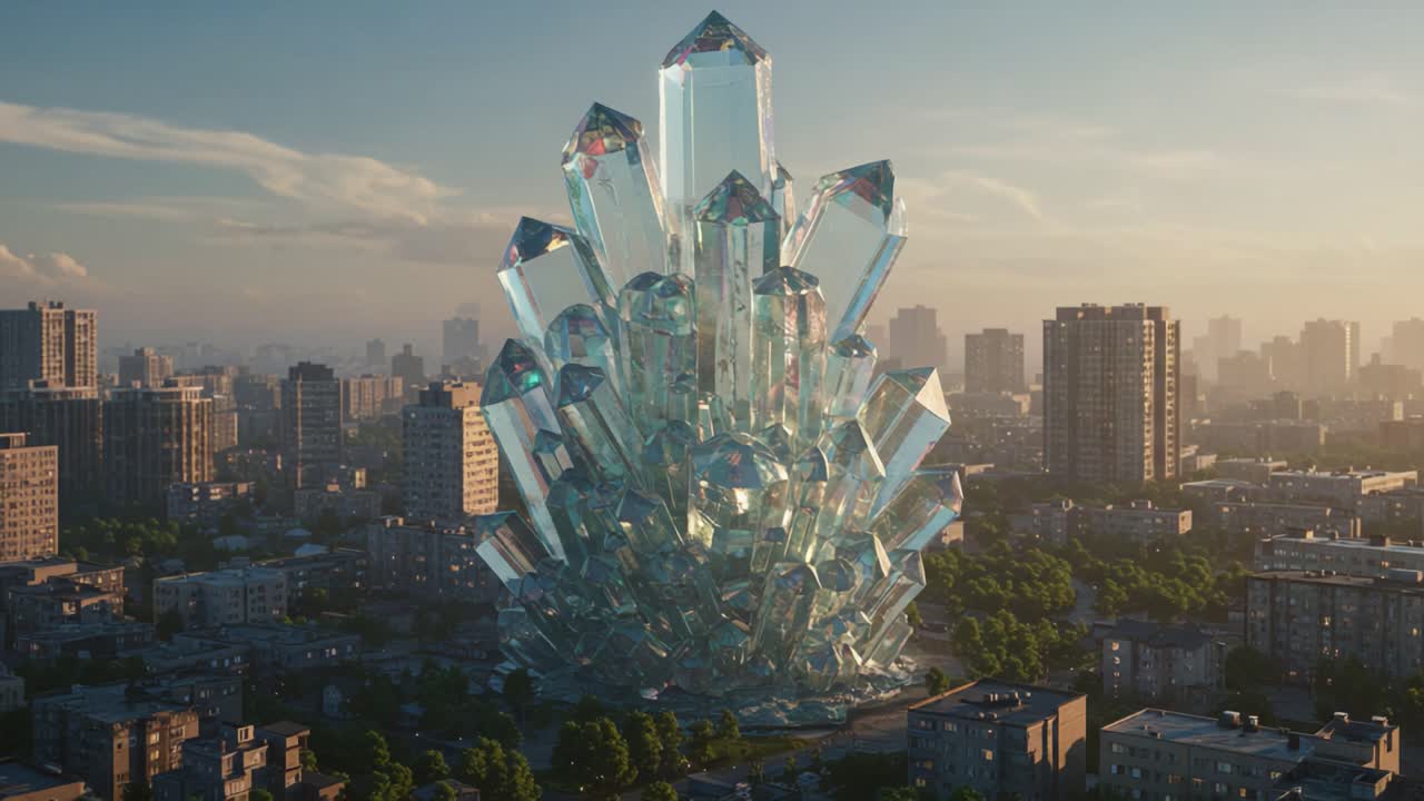 A Stunning Crystal Tower Emerges in the Cityscape, Reflecting Light and Colors While Standing Tall Among Urban Architecture and Nature