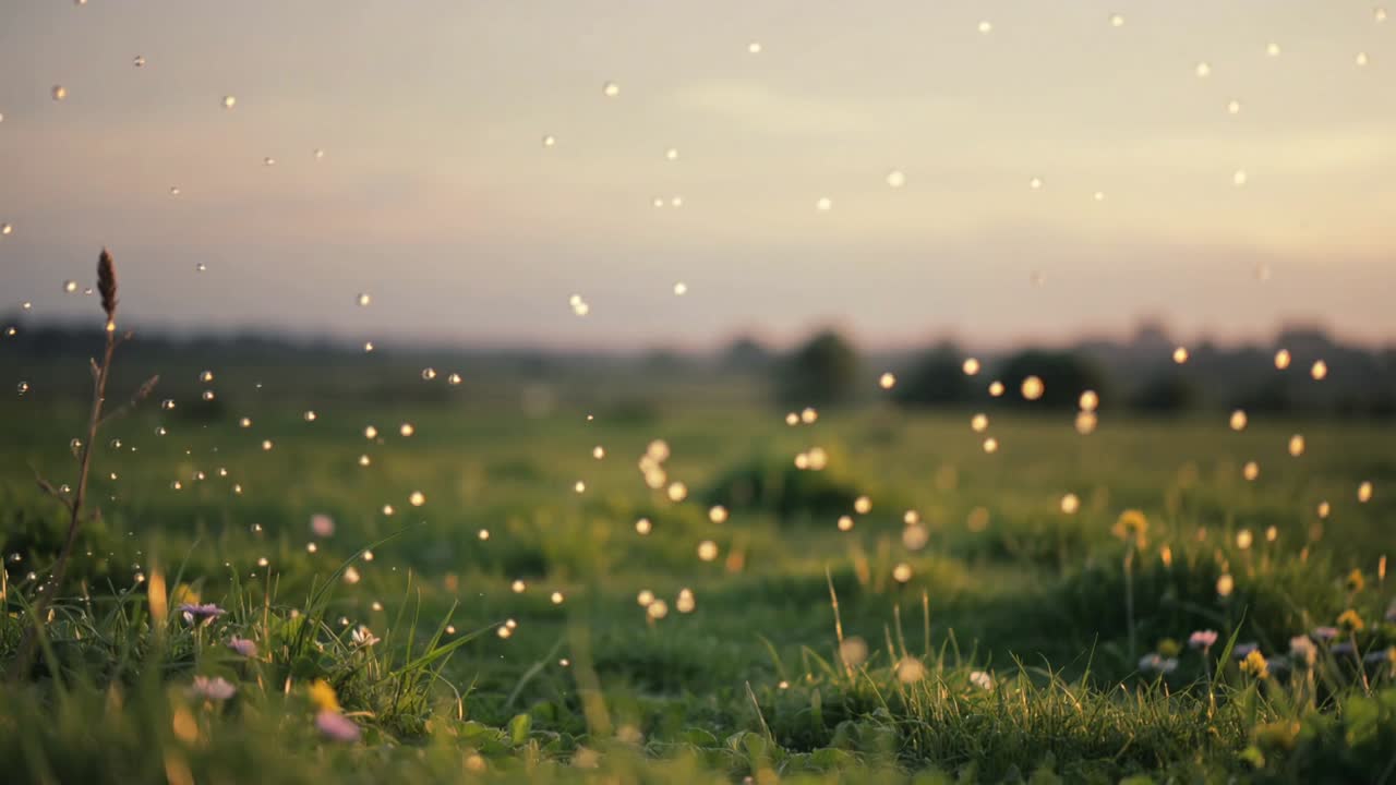 Lifting seed specks and making grasses sway in meadow at sunset by gentle breeze, soft light