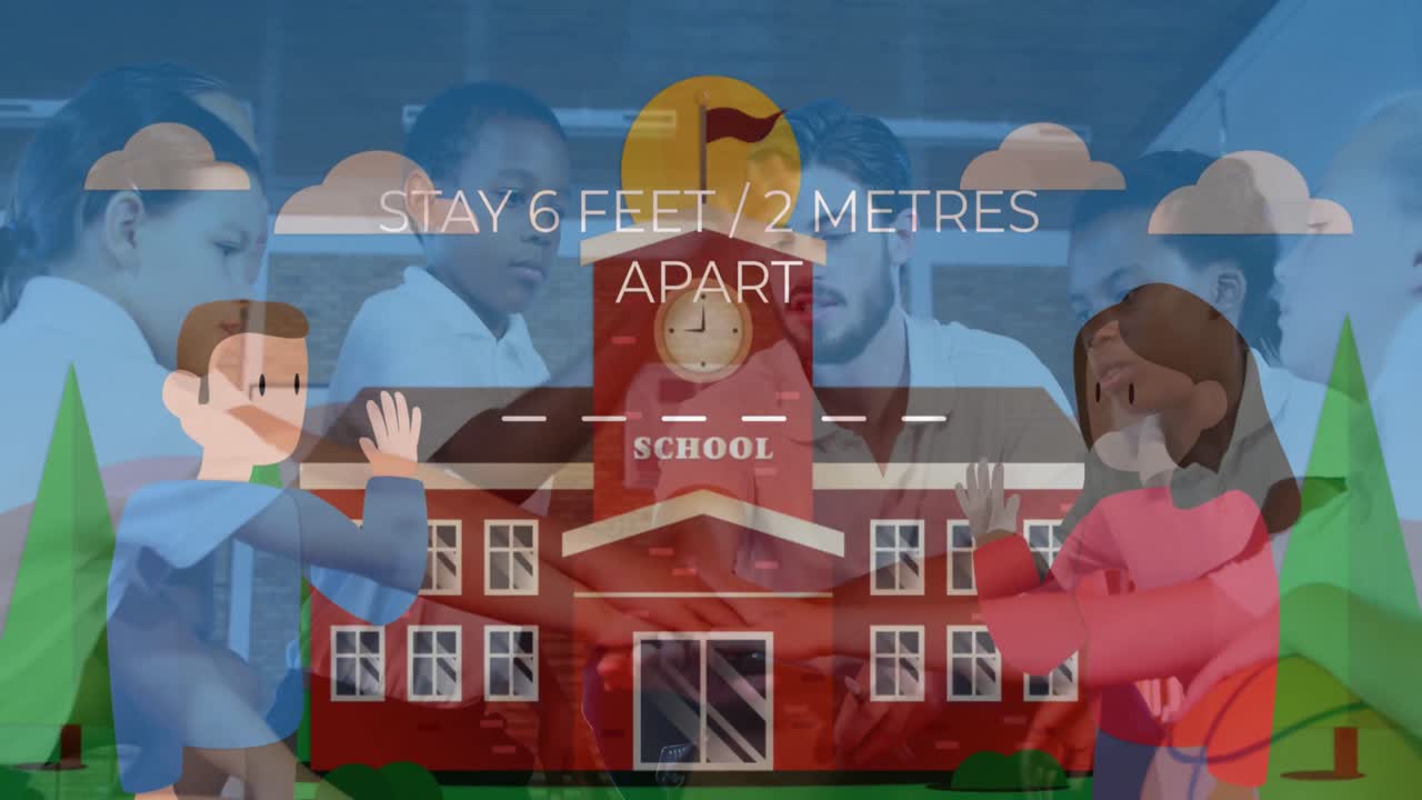 교사와 함께 다양한 학교 학생들에 대한 학교 아이콘의 애니메이션