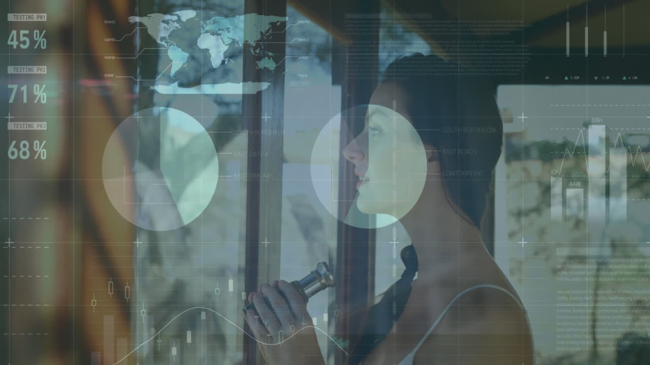 Animation of data processing on graphs and charts over happy caucasian woman looking out of window