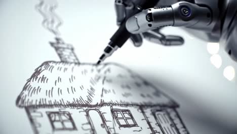 a robotic hand skillfully illustrating a cozy house scene with intricate details, showcasing the intersection of technology and artistry through advanced automation