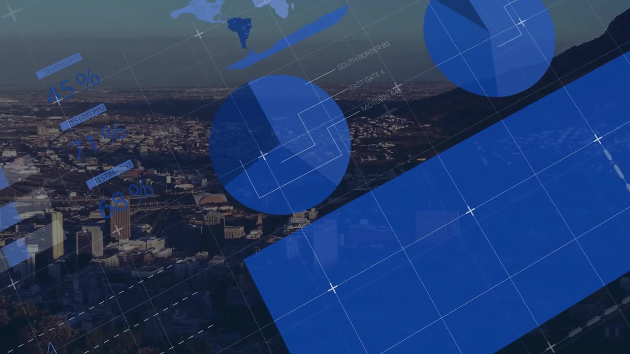 Starting with aerial cityscape, data elements animating charts graphs and grid to visualize metrics