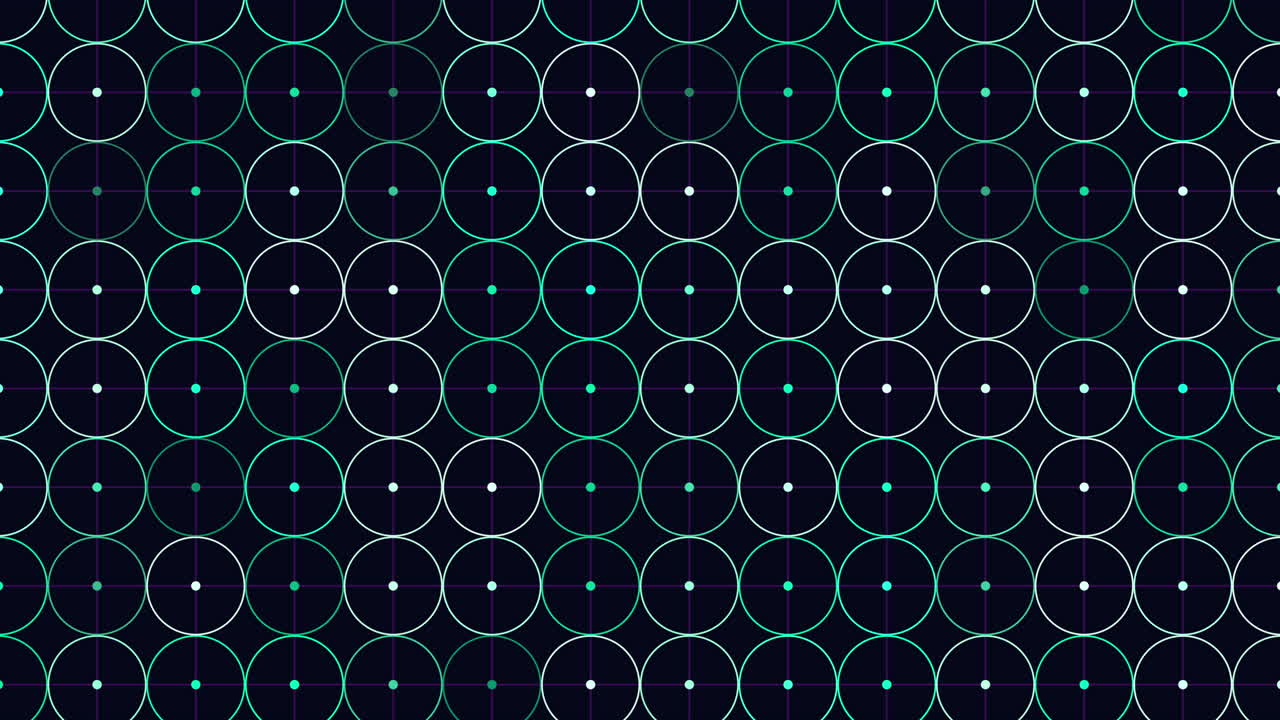 Abstract geometric animation of repeating circles and crosshair lines glowing in teal and white on dark background, ideal for technology themes, UI overlays, and backdrops