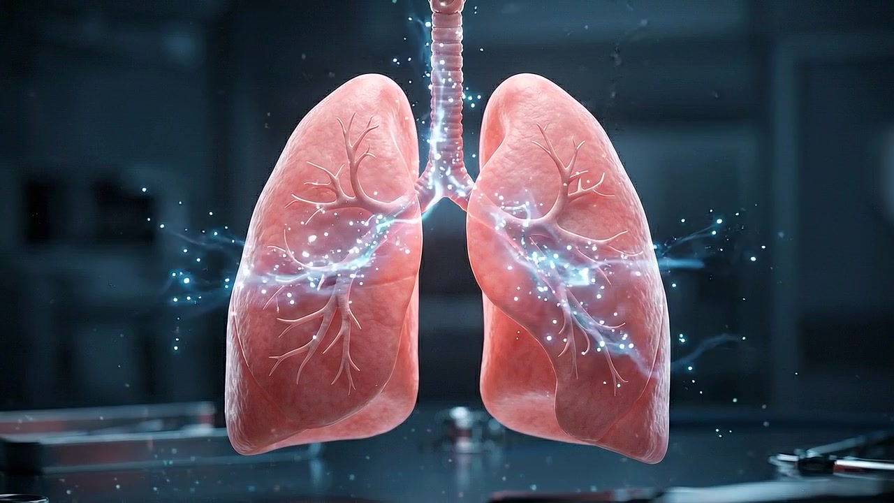Coppia di polmoni umani realistici esposti su uno sfondo blu scuro in una vista medica