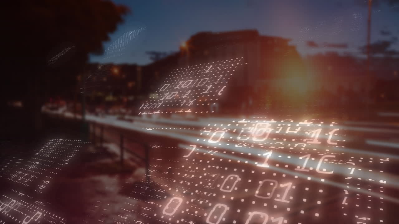 Floating binary code streaming across urban dusk street with glowing vehicle light streaks