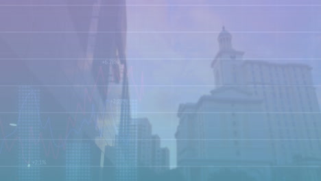 animación del procesamiento de datos estadísticos frente a una vista de ángulo bajo de edificios altos