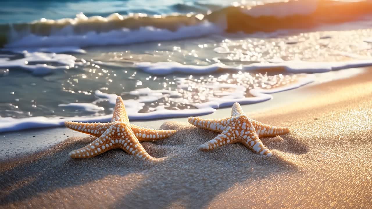 Low-angle video frame of two starfish on a sandy beach, waves gently lapping in the background