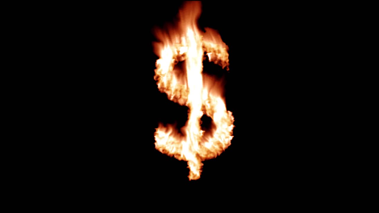 Dollar sign money hot text brand branding iron metal flaming heat flames 4K