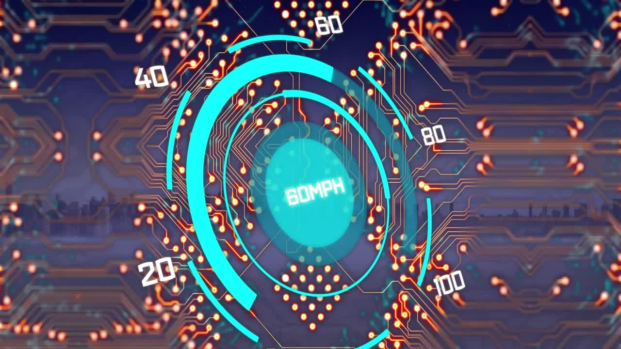 Animation of data processing and numbers over cityscape