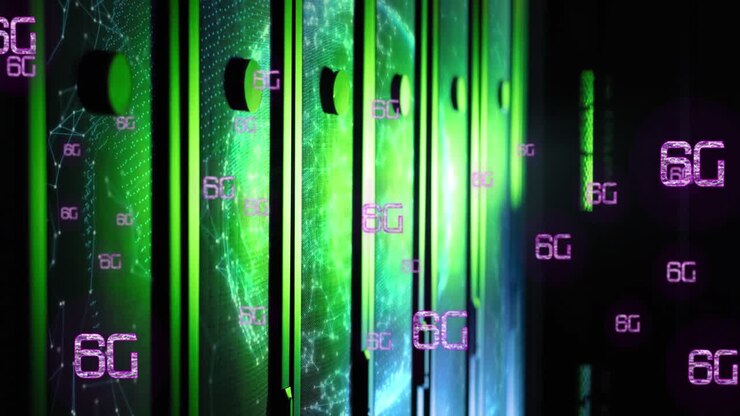 Animation of 6g text banner floating and globe against computer server room