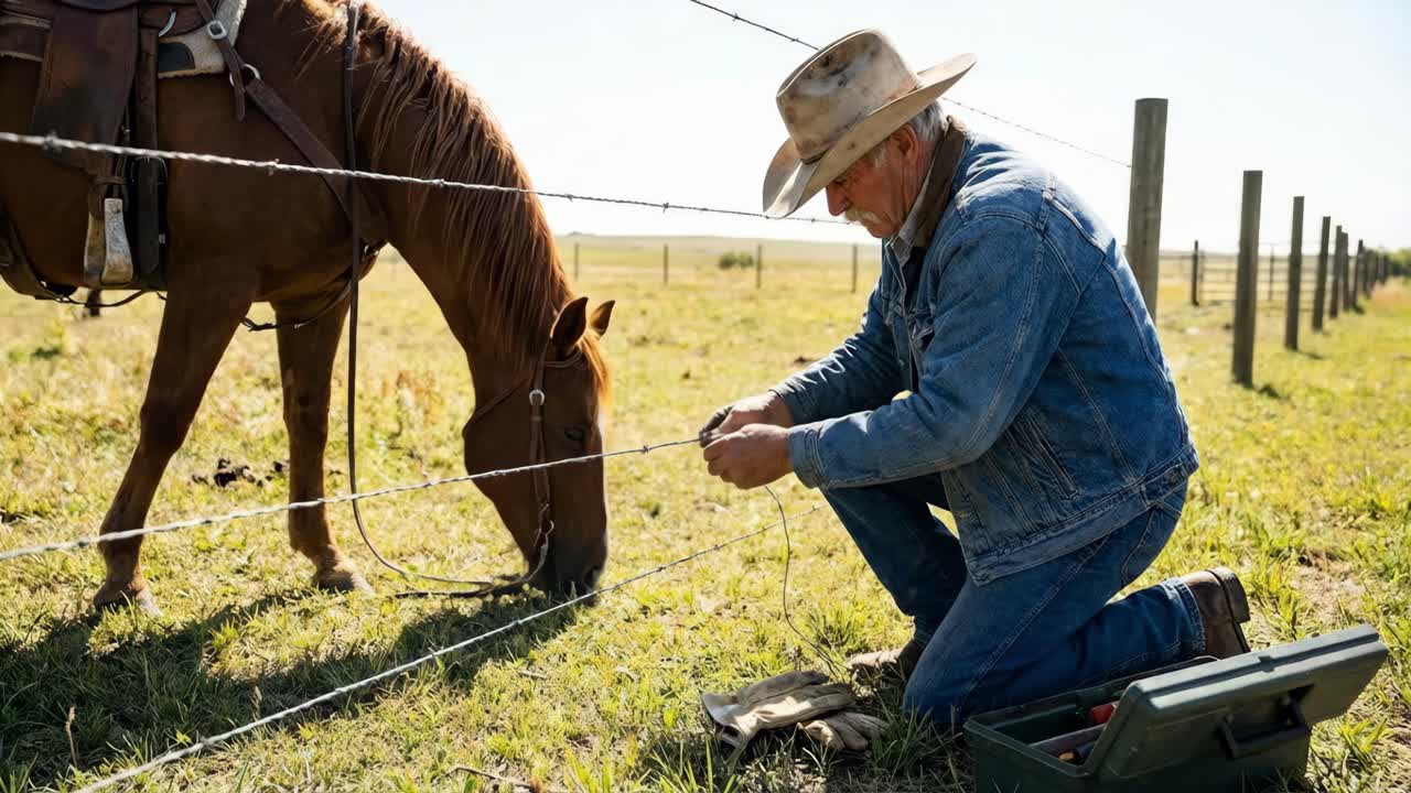 Cowboy che ripara una recinzione con un cavallo nelle vicinanze