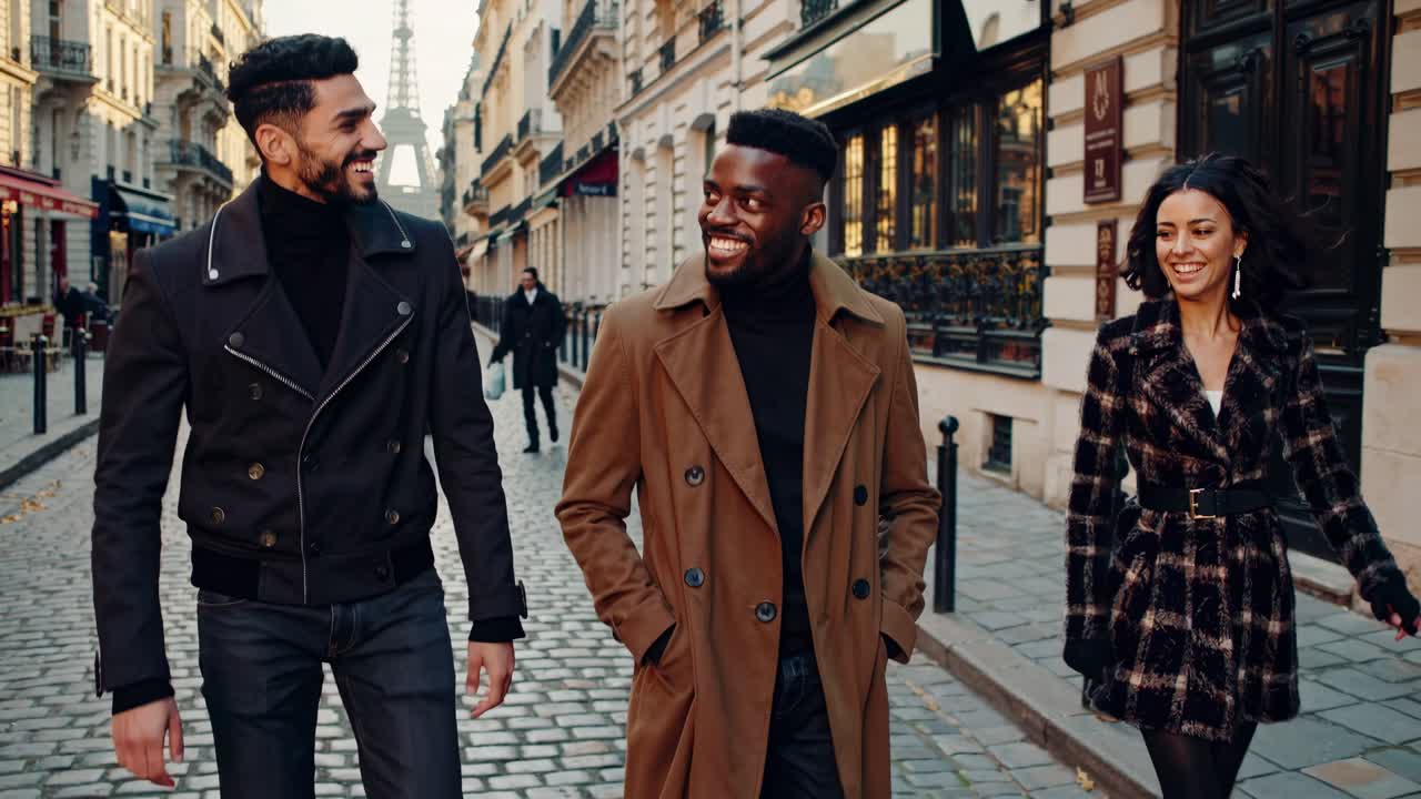 Tre amici camminano su una strada acciottolata a Parigi, con la Torre Eiffel sullo sfondo.