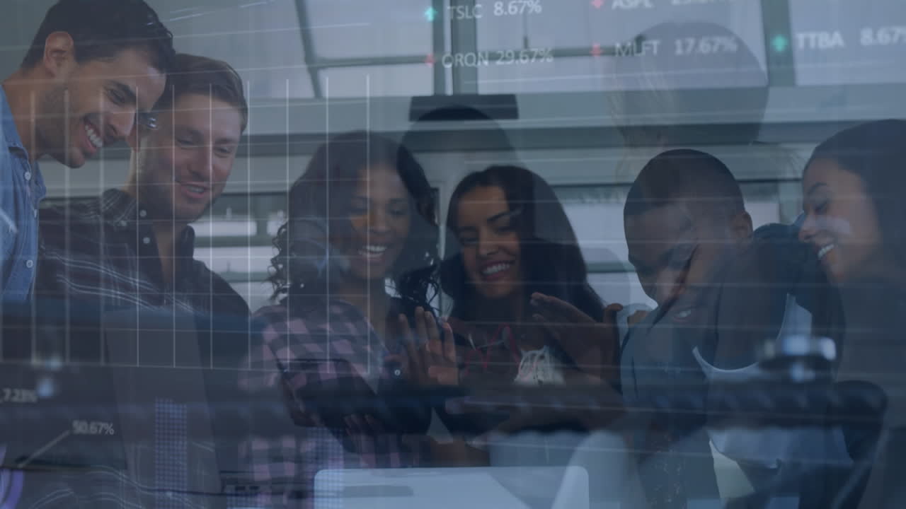 Animation of data processing over diverse business people in office