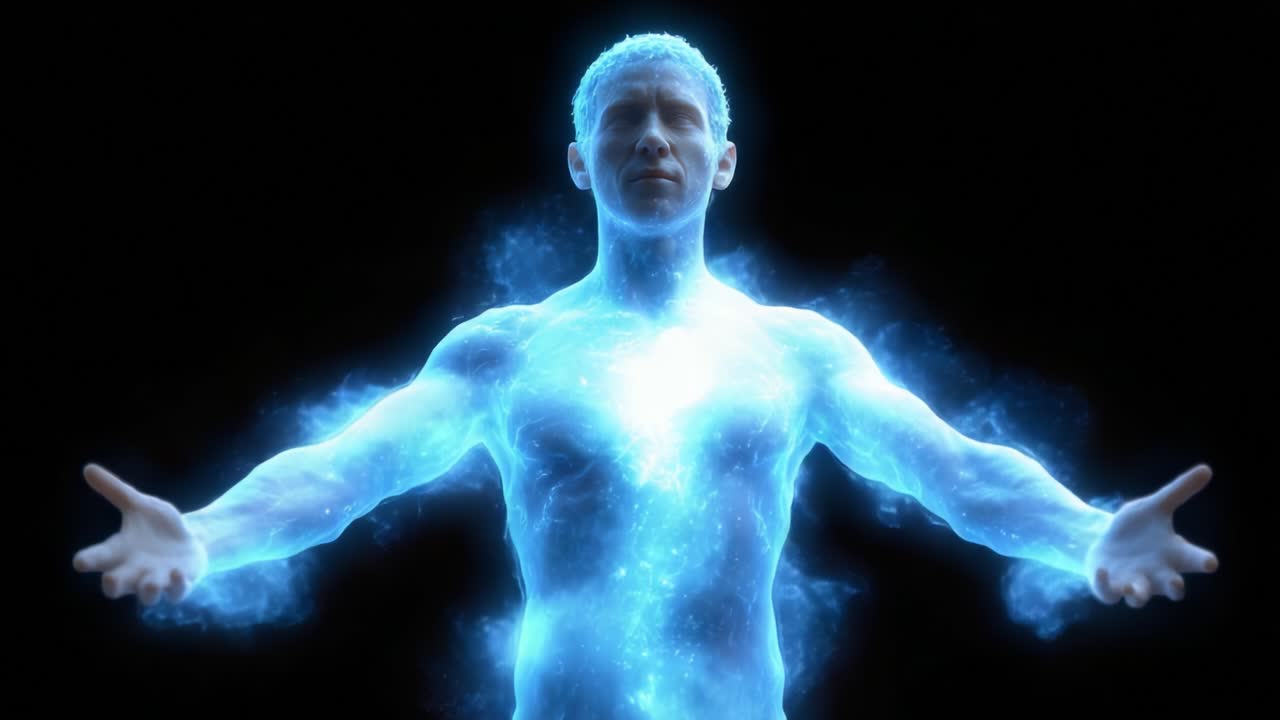 A Cosmic Manifestation: Ethereal Energy Emanating from a Radiant Human Figure Surrounded by a Mystical, Glowing Aura in a Dark Environment