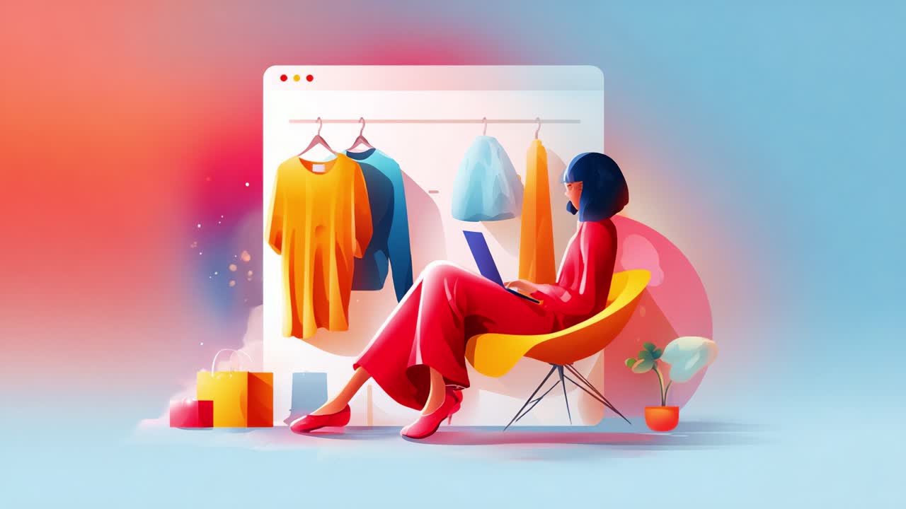 A Stylish Woman Relaxing in a Cozy Chair While Shopping Online for Fashionable Clothes and Accessories, Surrounded by Colorful Decorative Elements and Contemporary Designs