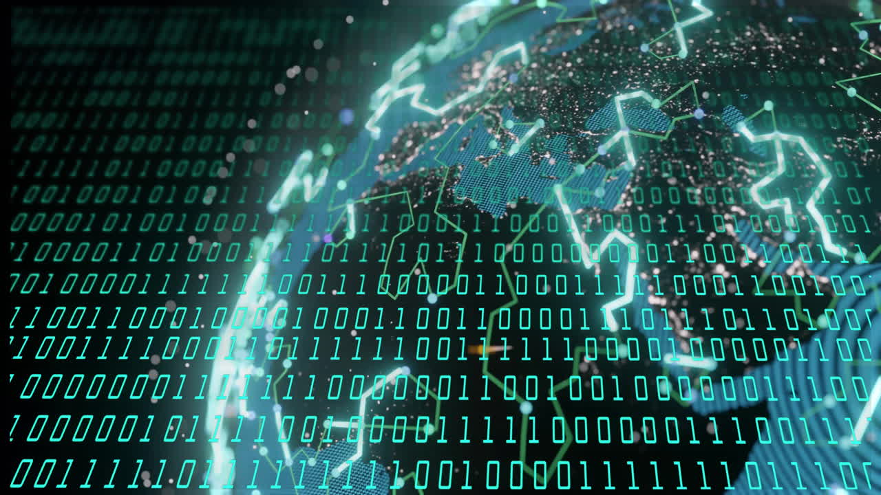Binary code and digital globe, data processing animation