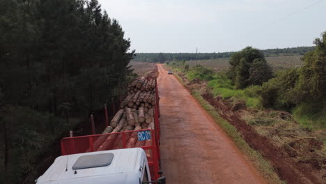 ready to transport some large stacks of cut timber in rural forest logging area, argentina.