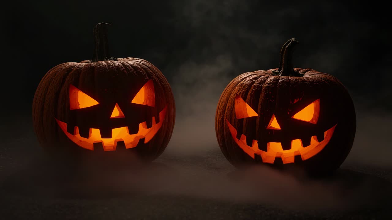 Flickering candlelight illuminating carved pumpkins in dark stage, swirling fog and smoke