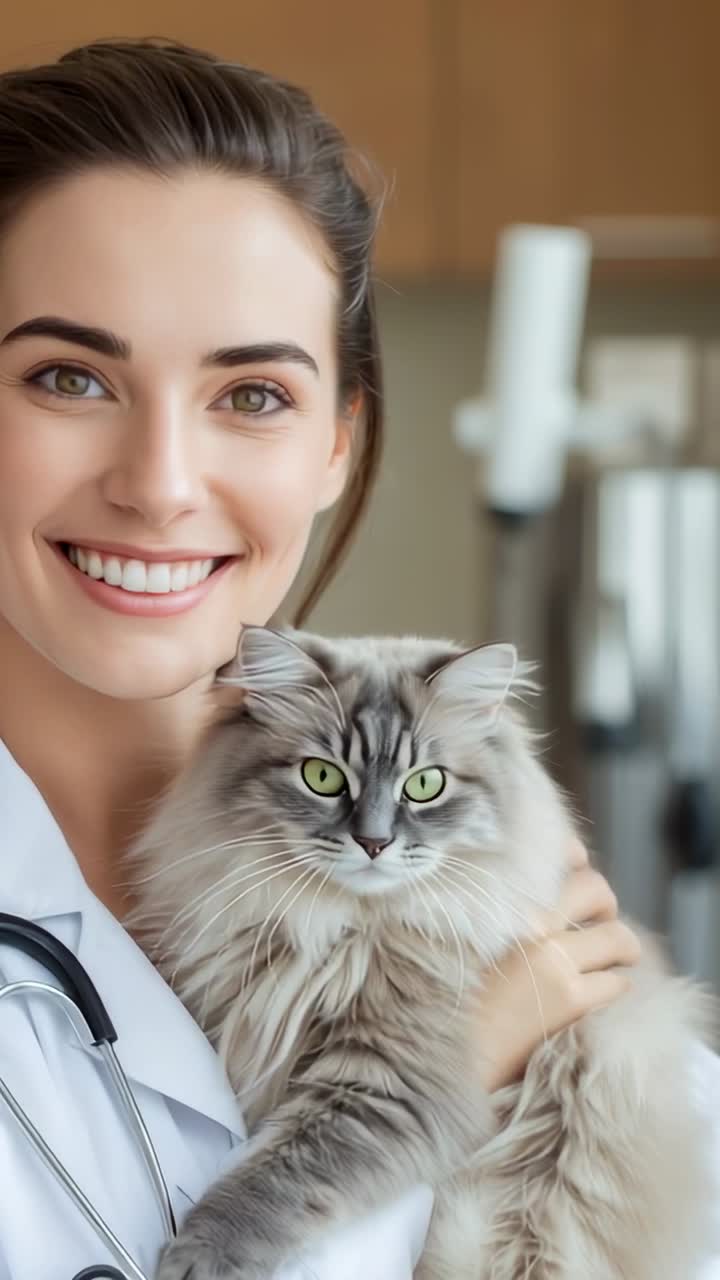 Vídeo vertical: veterinário segurando um gato e acariciando seus pelos para acalmá-lo em uma sala de exame, com estetoscópio