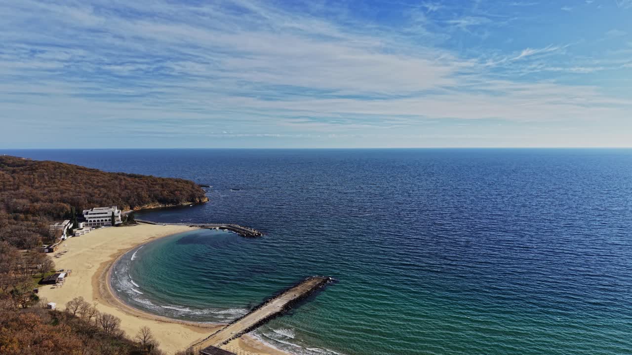 Scenic aerial view of a peaceful waterfront and coastline