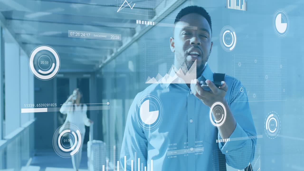 Animation of statistical data processing over african american man talking on smartphone at office