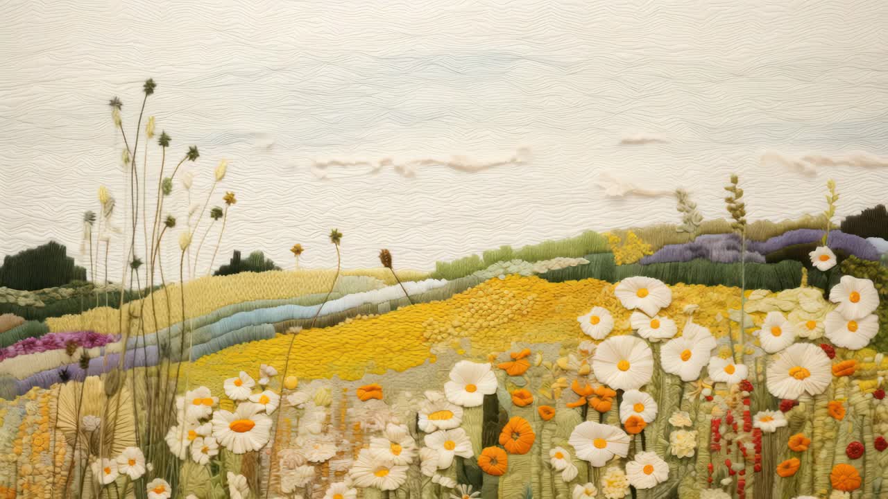 Aerial view of a vibrant, textured landscape with wildflowers