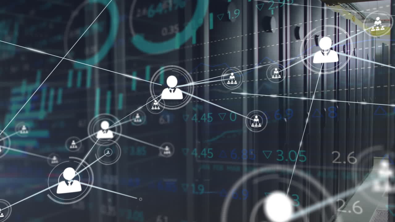 Animation of connected icons, graphs, trading board against server room in background
