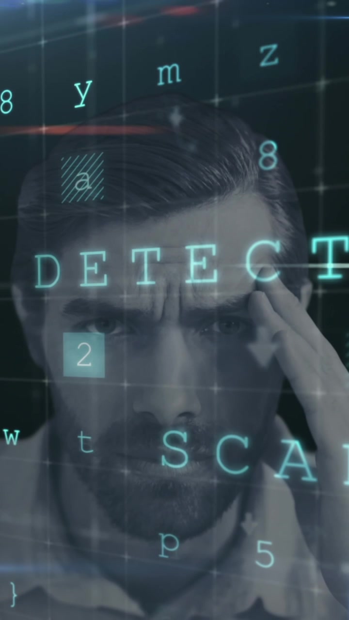 Cyber security data processing against portrait of stressed man