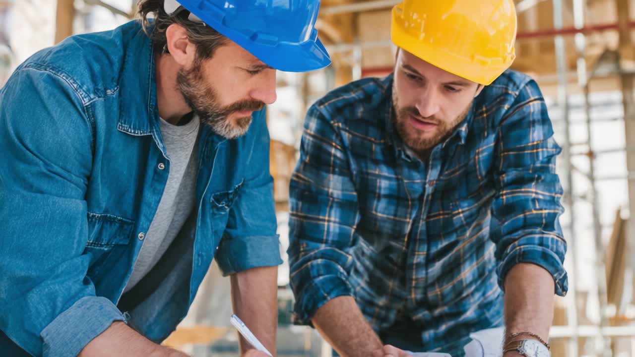Two Construction Workers Collaborating on Blueprints with Hard Hats in a Busy Building Site, Focusing on Design Plans and Safety Protocols for Successful Project Completion
