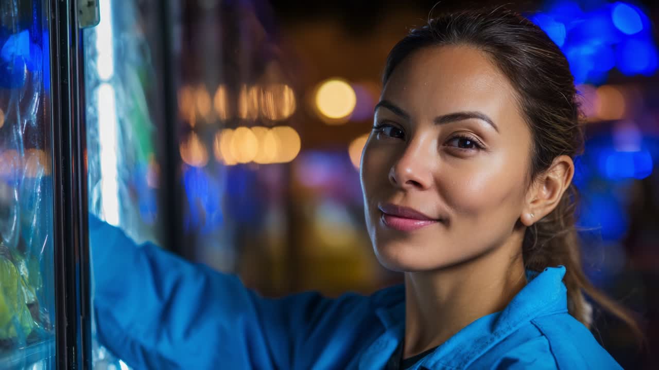 A confident woman in a blue jacket stands next to a display unit, illuminating her smile against a backdrop of colorful lights and reflections, embodying warmth and professional demeanor in a vivid environment